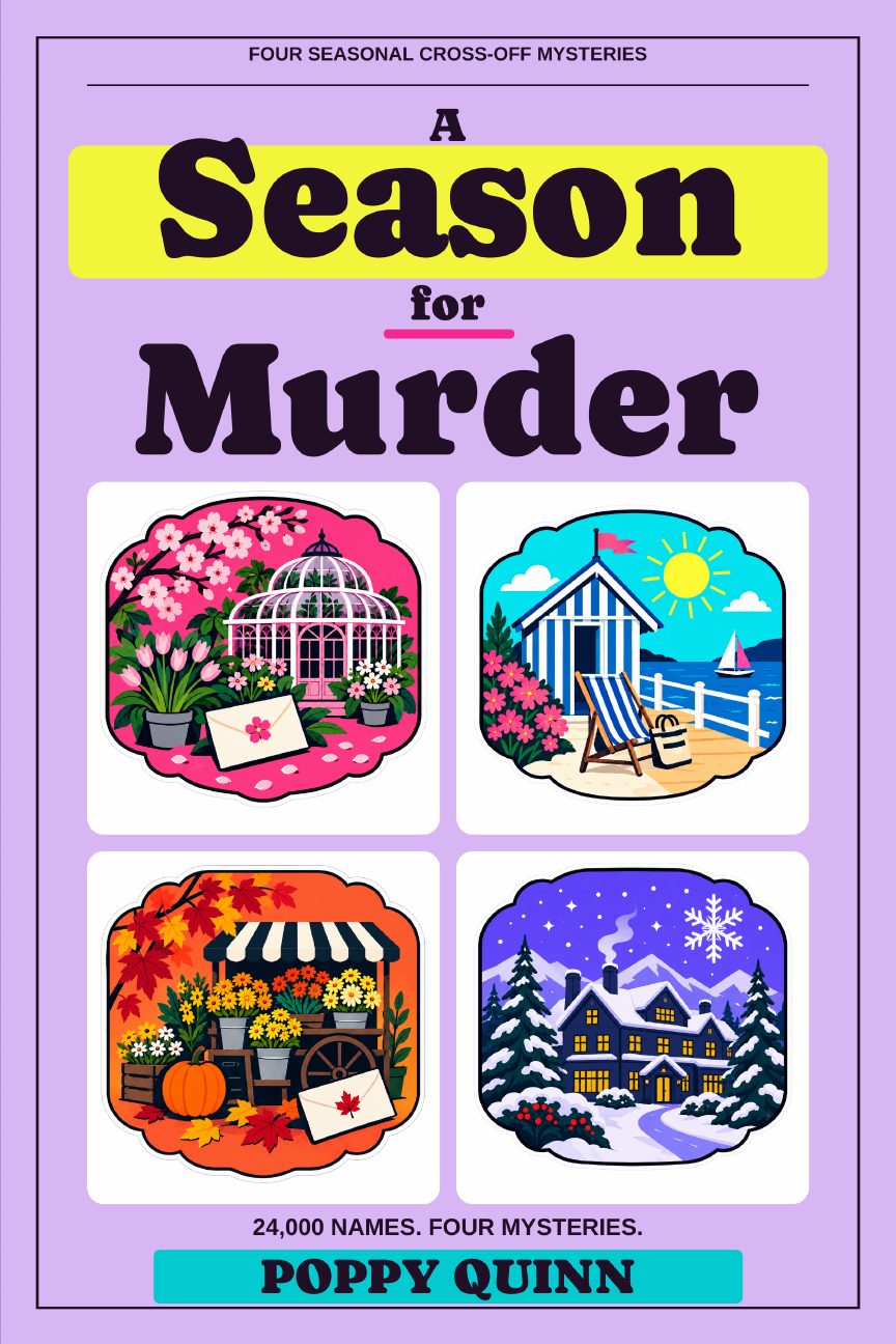 The paperback cover of A Season for Murder by Poppy Quinn, with colorful spring, summer, fall, and winter illustrations.