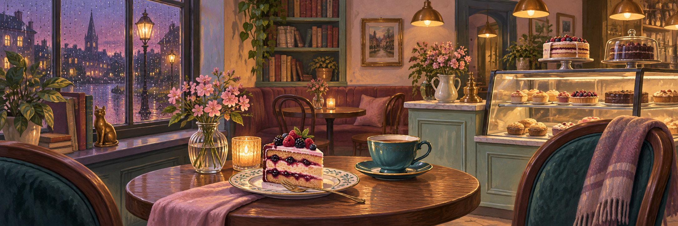 A welcoming village cafe with flowers, books, and cake.