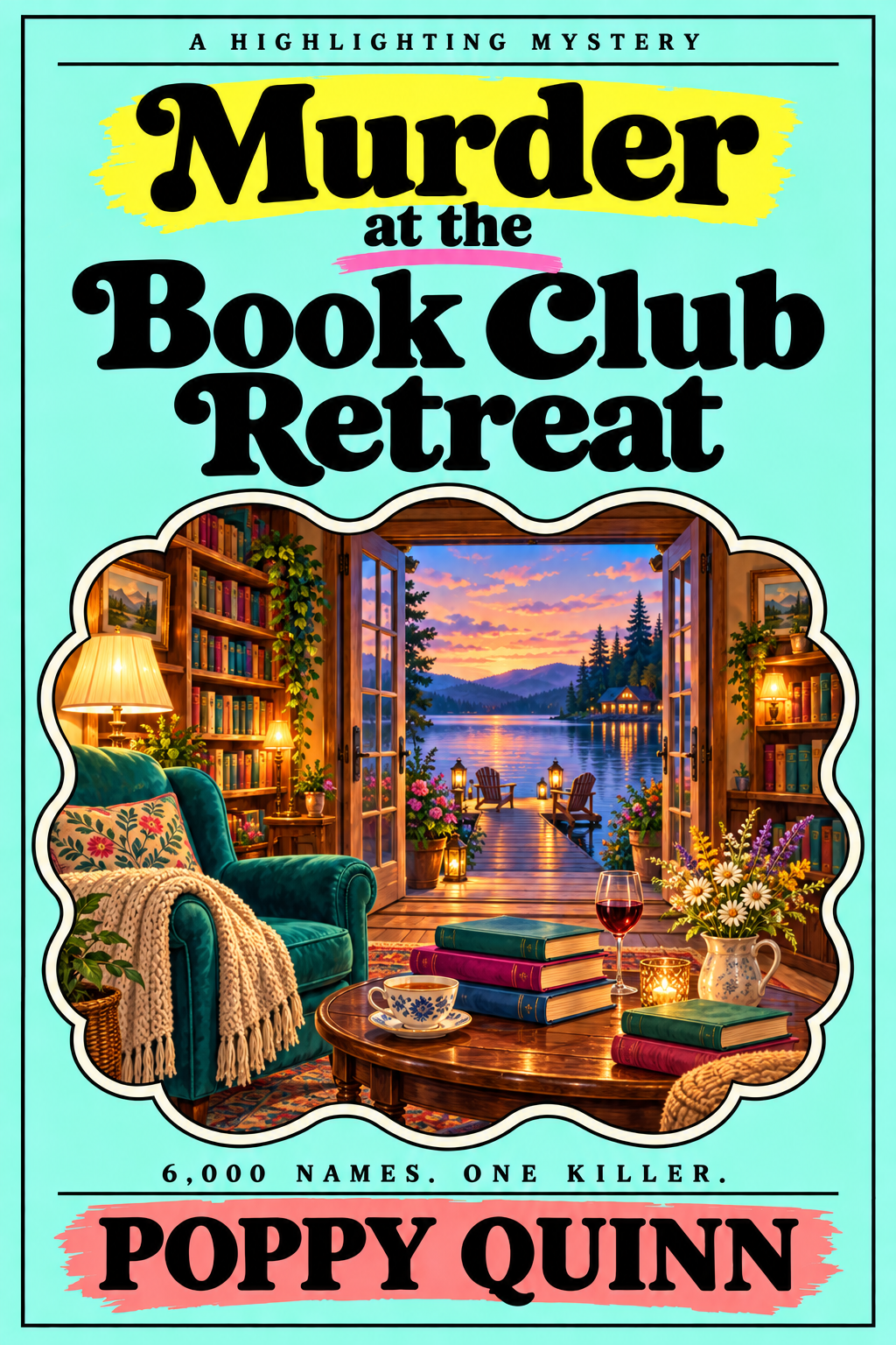 Murder at the Book Club Retreat by Poppy Quinn, with a lakeside reading lodge on a mint cover.