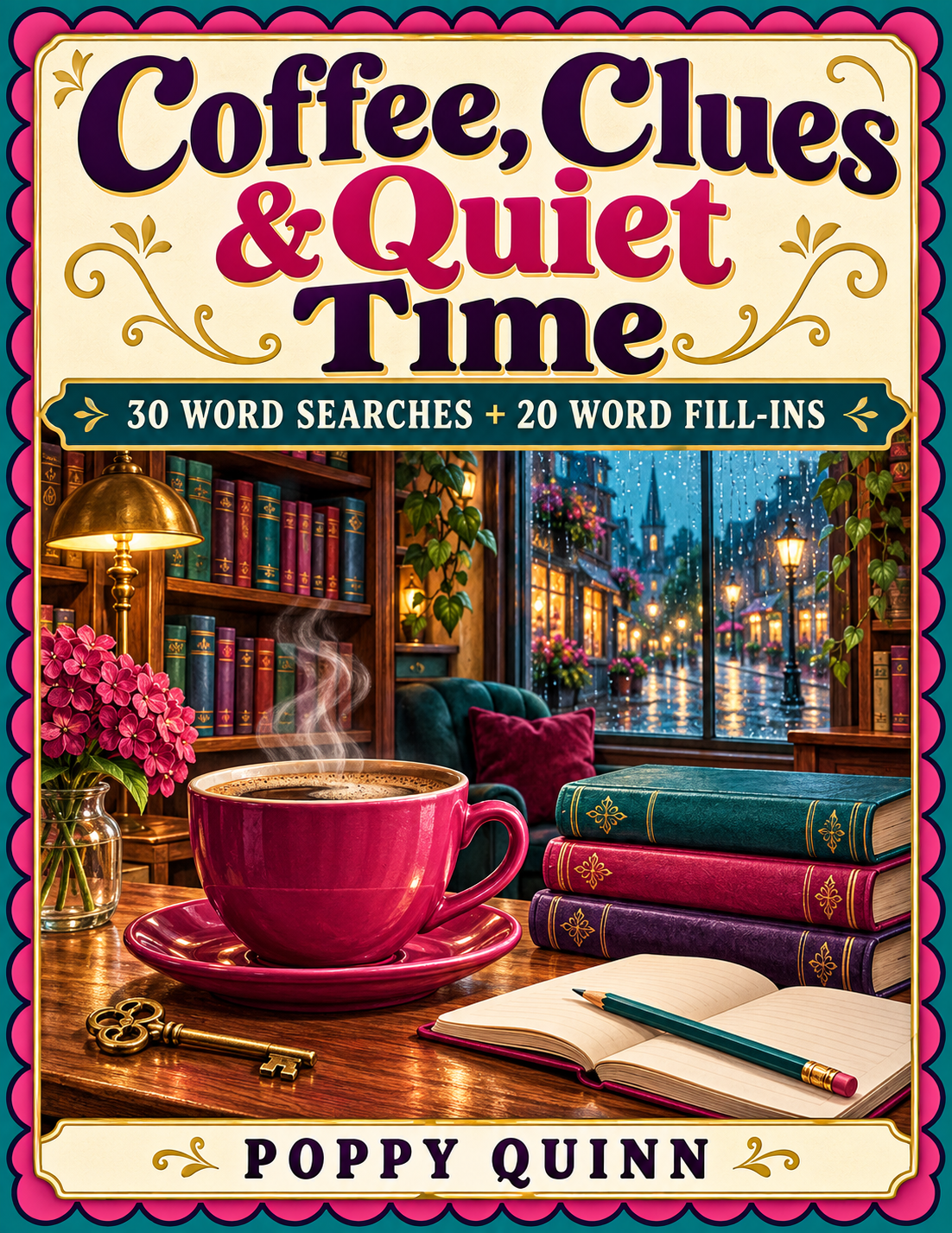 Coffee, Clues and Quiet Time by Poppy Quinn, with a coffee cup and rainy bookshop scene.