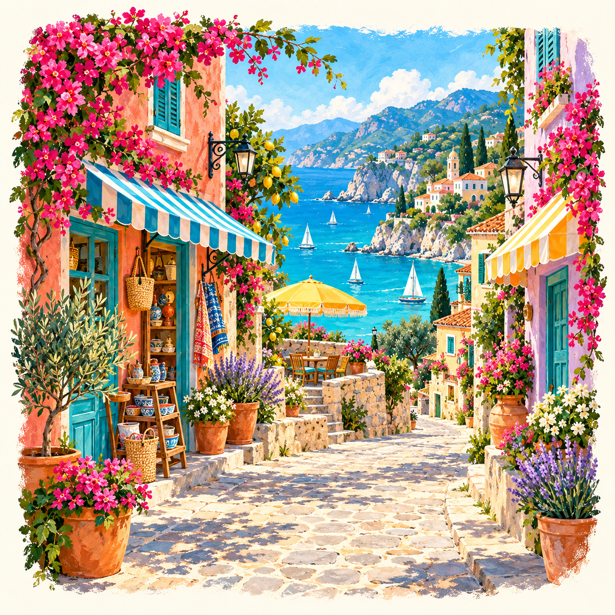 A sunny seaside lane with colorful storefronts, flowers, and turquoise water.