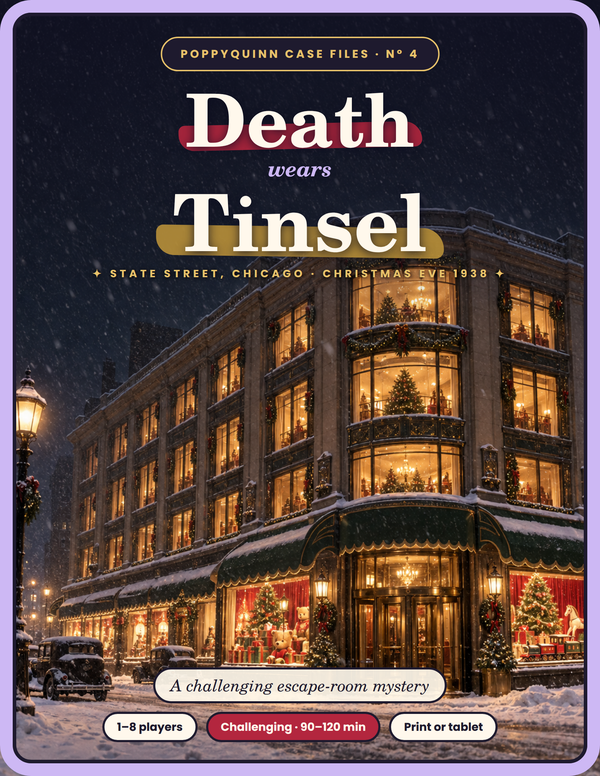Death Wears Tinsel, a grand 1938 department store glowing on State Street in a Christmas Eve blizzard.