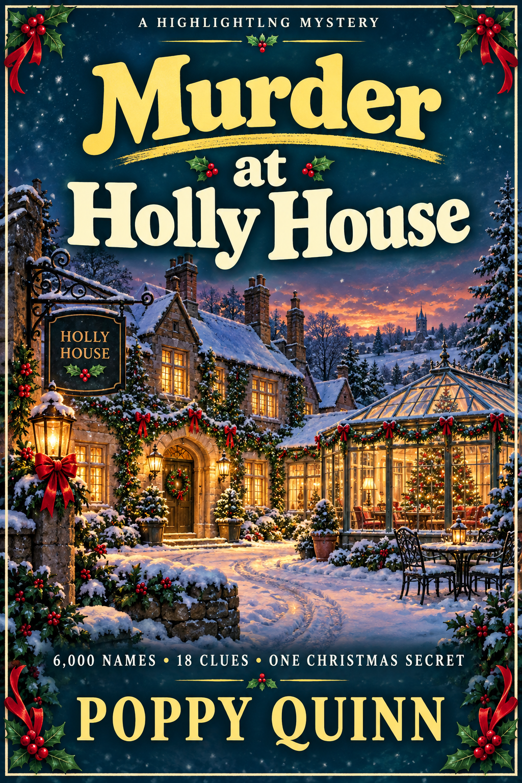 Murder at Holly House by Poppy Quinn, a snowy Christmas inn with glowing windows and red ribbons.