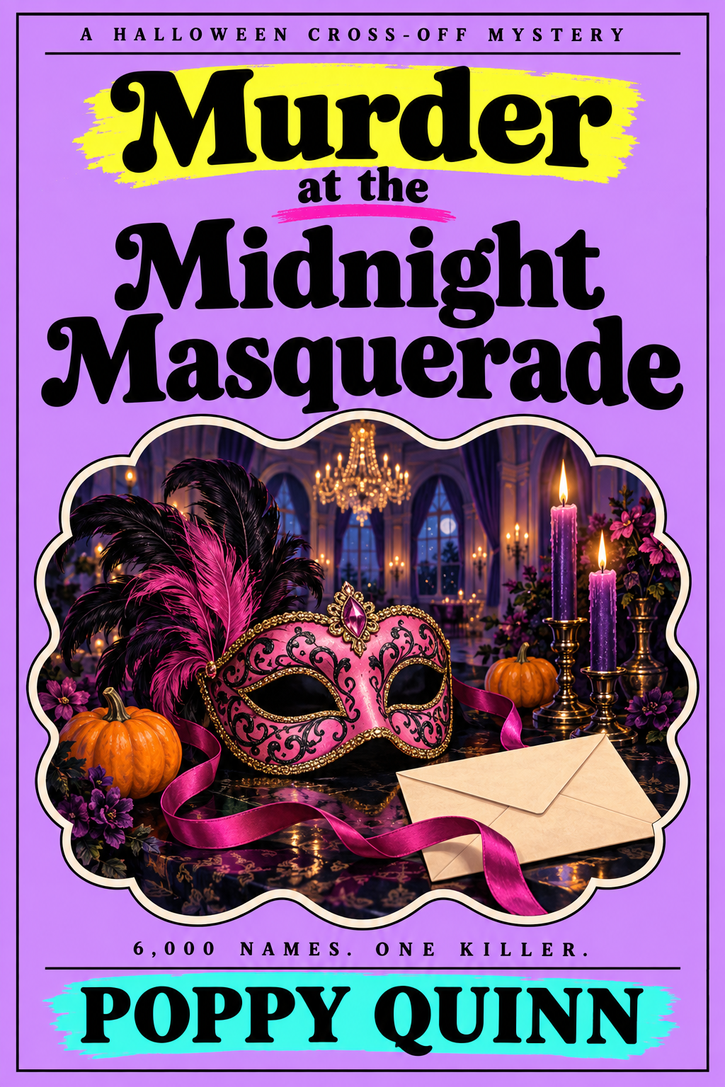 Murder at the Midnight Masquerade by Poppy Quinn, with a pink masquerade mask on a purple cover.