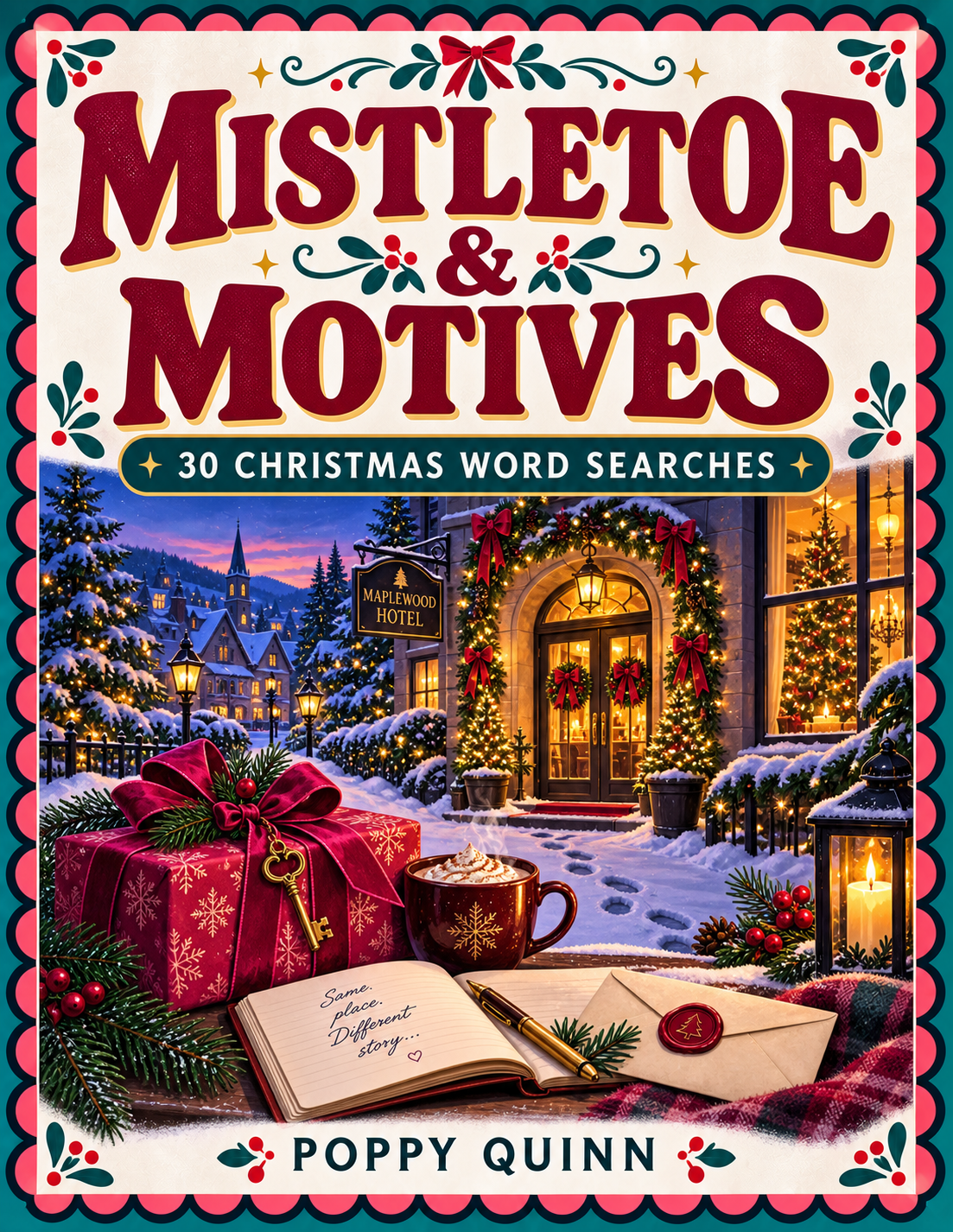 Mistletoe and Motives by Poppy Quinn, with a snowy village hotel, festive gifts, and a brass key.