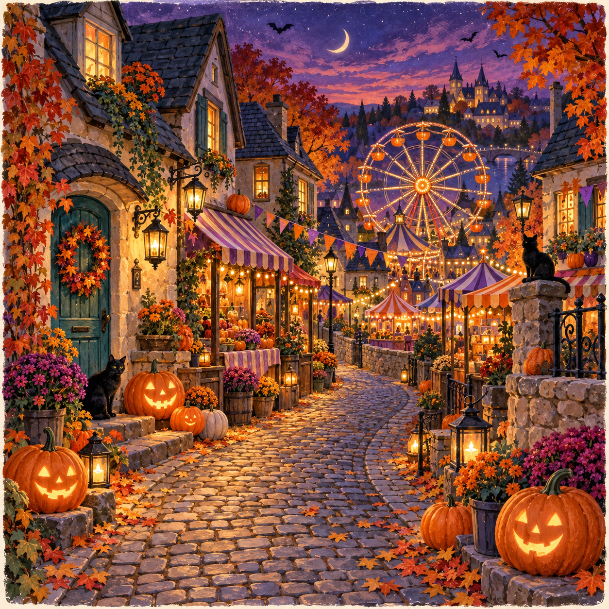 A lantern-lit Halloween village lane with pumpkins, colorful shops, and a carnival beneath a purple night sky.