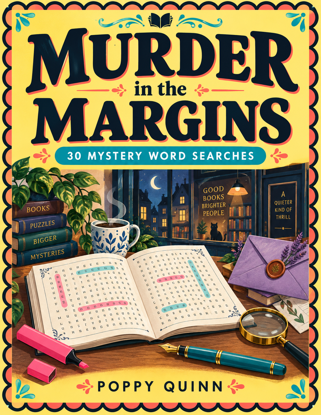 Yellow Murder in the Margins cover by Poppy Quinn, with a warmly lit bookshop.