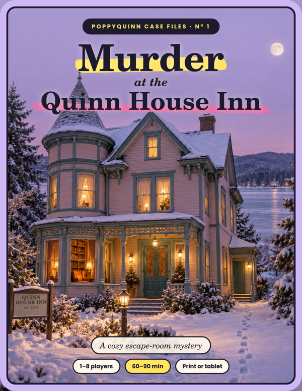 Murder at the Quinn House Inn, a pink Victorian inn with a turret on a snowy lavender evening.