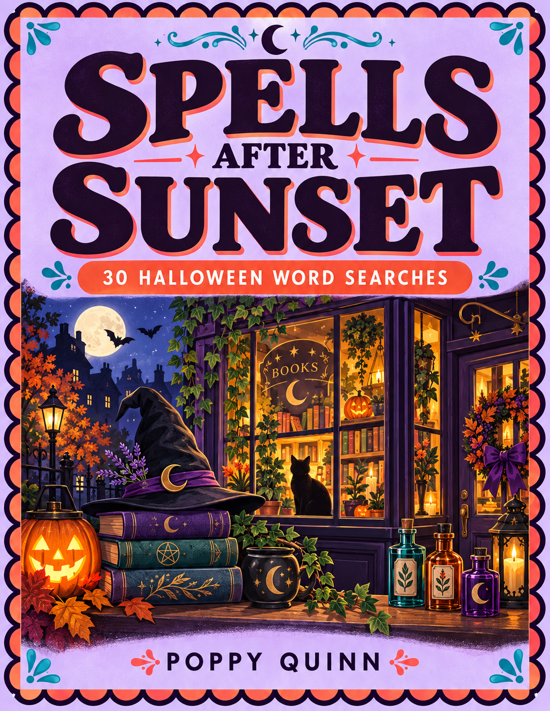 Purple Spells After Sunset cover by Poppy Quinn, with pumpkins and a candlelit witchy bookshop.