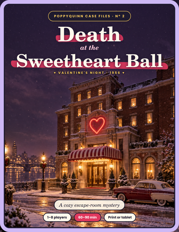 Death at the Sweetheart Ball, a 1950s brick hotel with a glowing red neon heart in the snow.