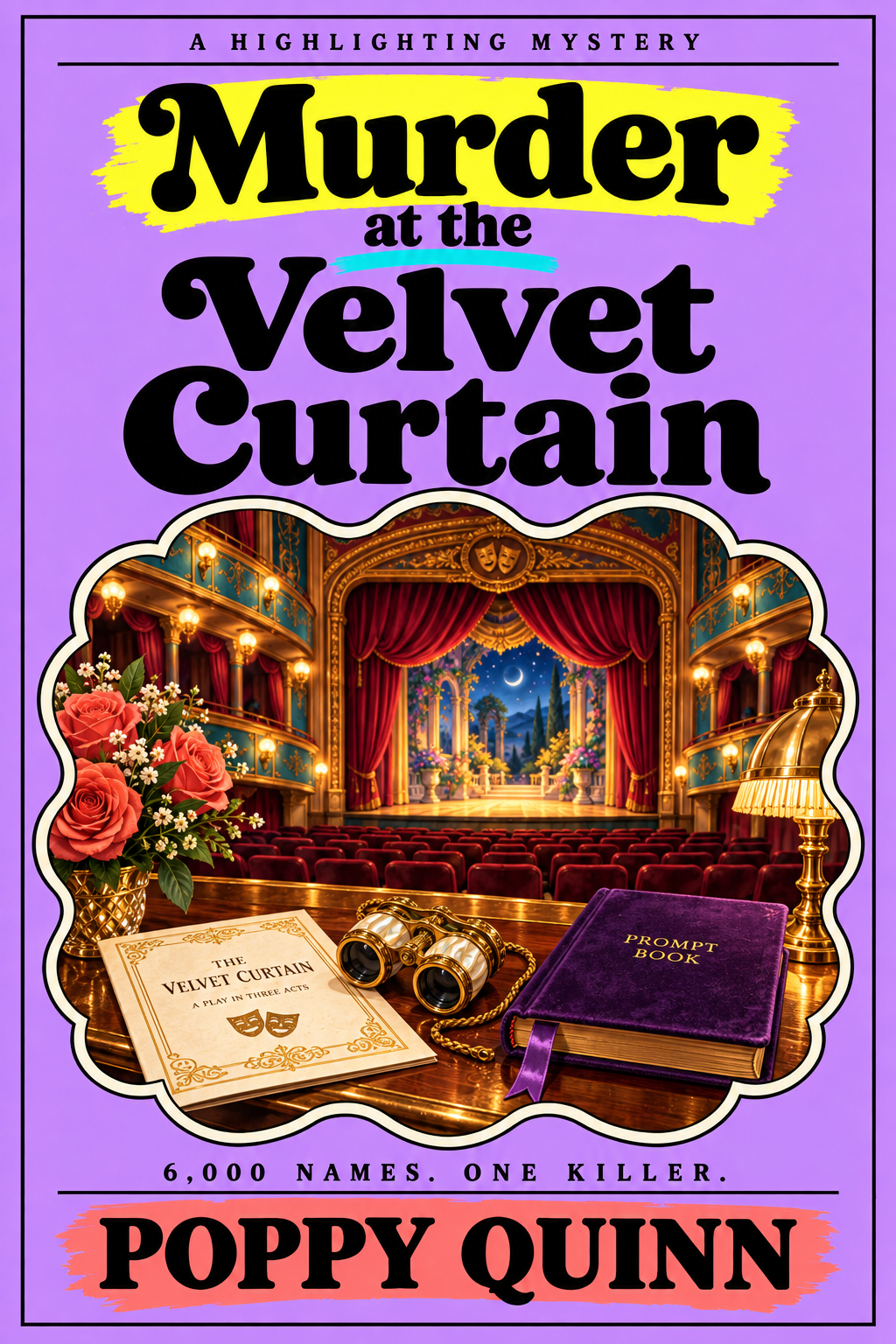 Murder at the Velvet Curtain by Poppy Quinn, with an ornate theater on a purple cover.