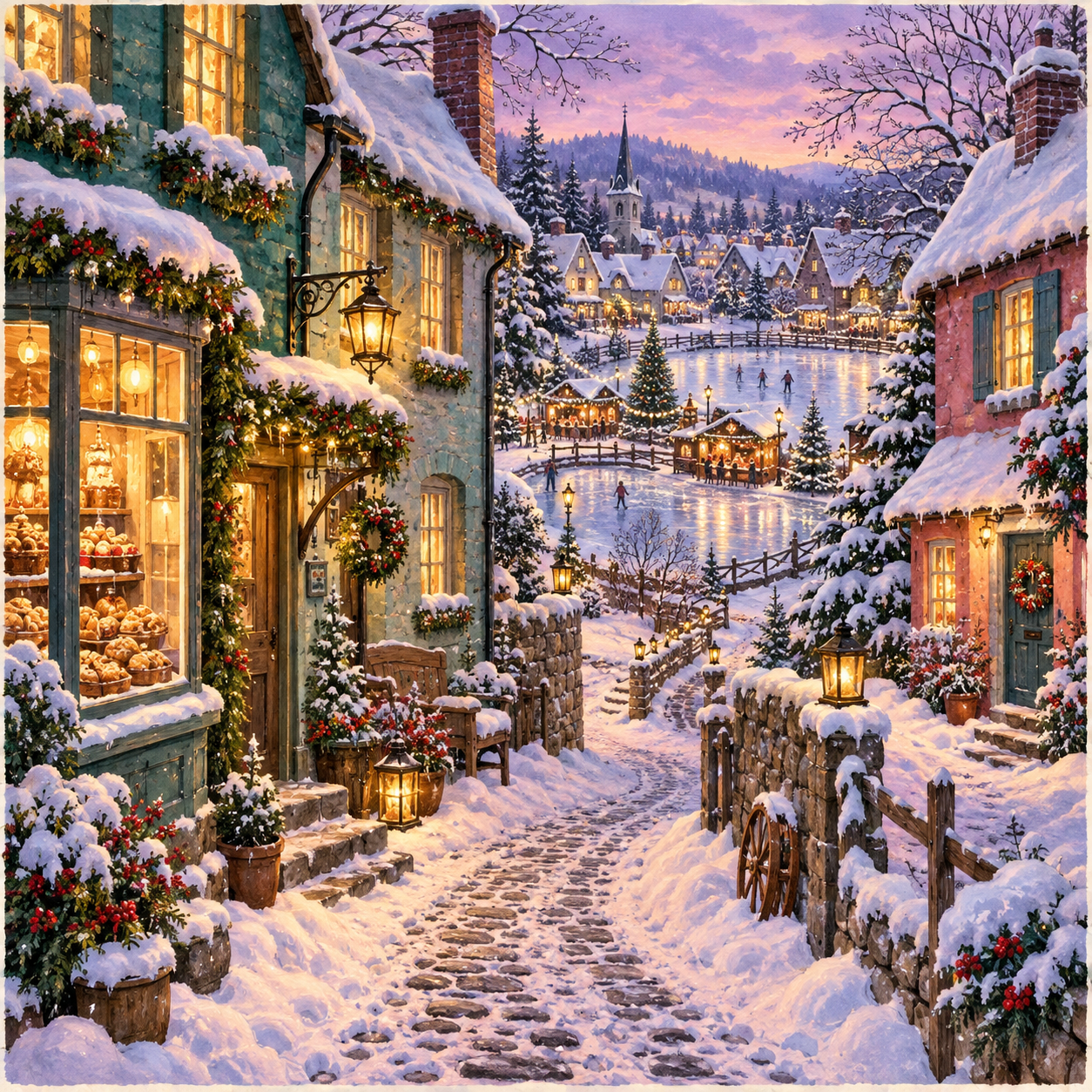 A snowy village lane winding toward a glowing winter market and skating pond.